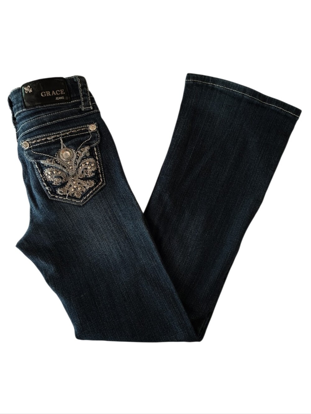 Girls Grace in LA Dark Wash Rhinestone Embellished Boot Cur Jeans Size 8 (Girls)